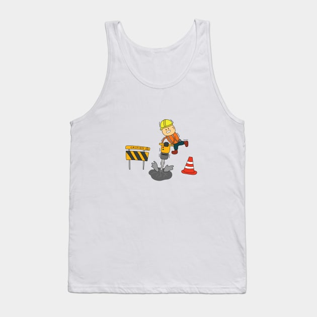 Kids drawing of funny construction worker drilling road with jack hammer Tank Top by wordspotrayal